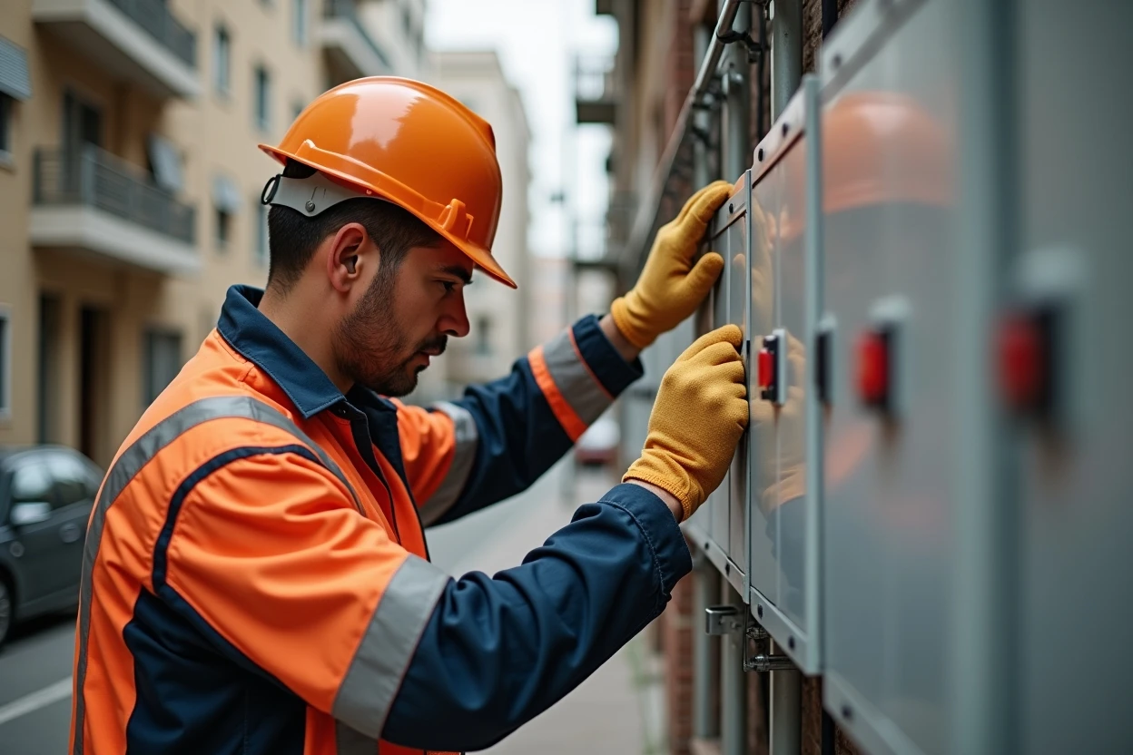 Técnico revisando tablero de distribución en un edificio